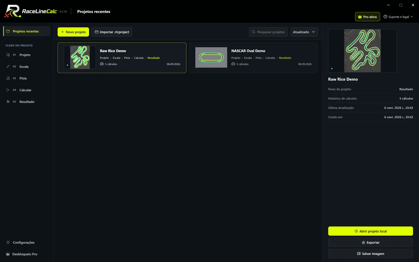 Tela inicial — RaceLineCalc