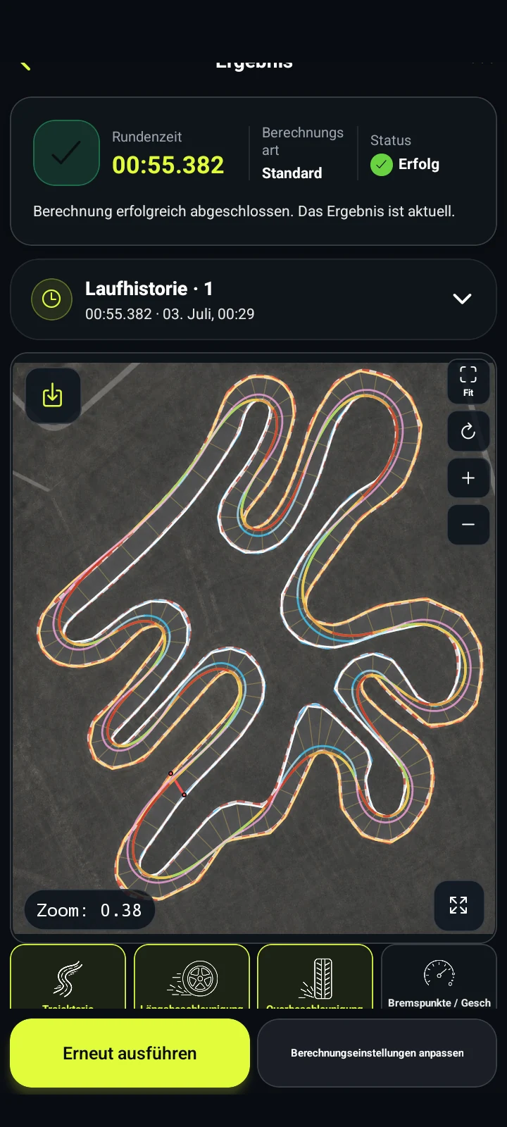 Linienanalyse-Bildschirm von RaceLineCalc