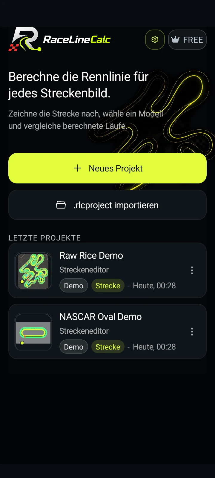 Startbildschirm der RaceLineCalc-App