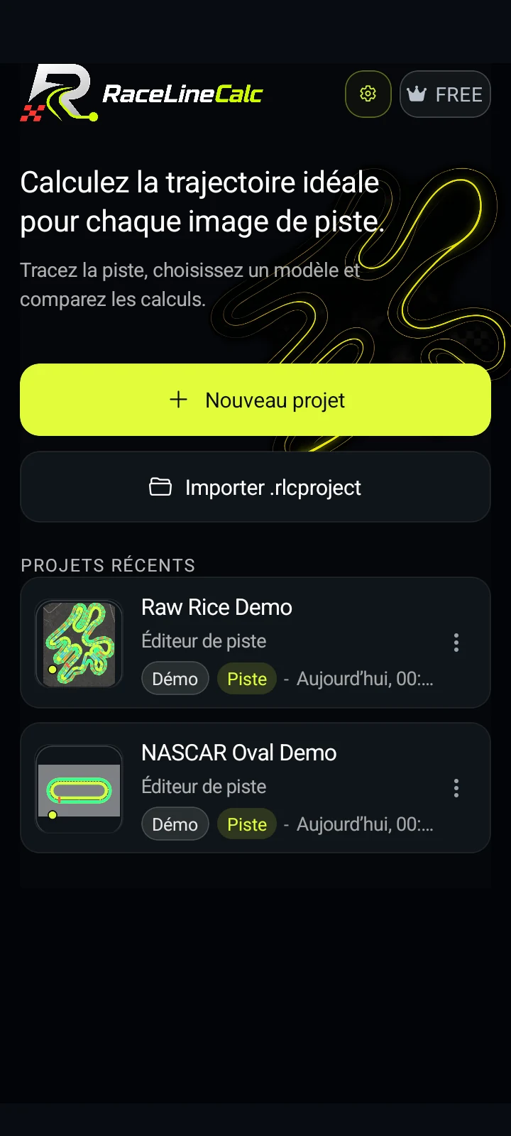 Écran d’accueil de l’app RaceLineCalc
