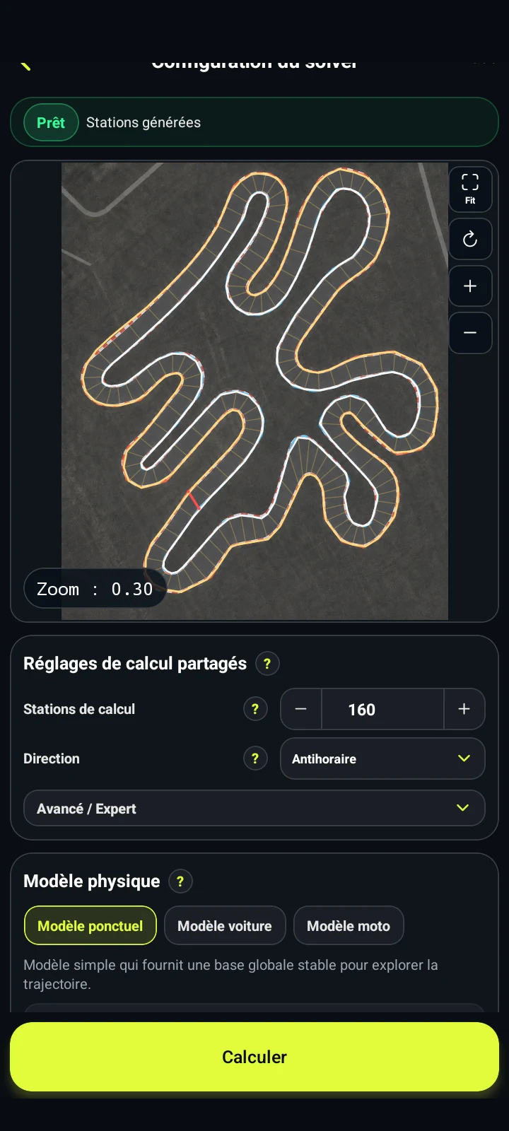 Réglages du modèle ponctuel - RaceLineCalc