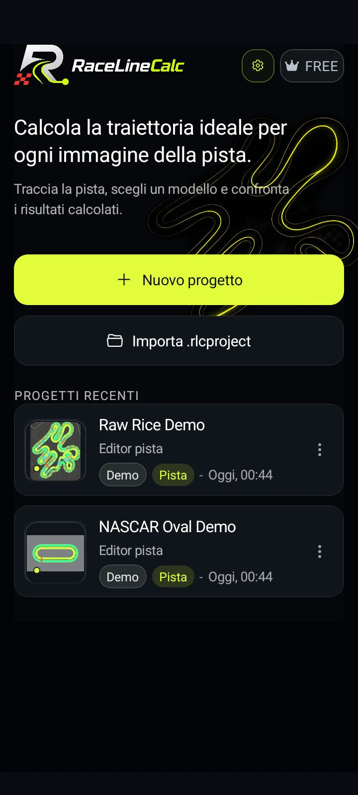 Schermata iniziale dell’app RaceLineCalc