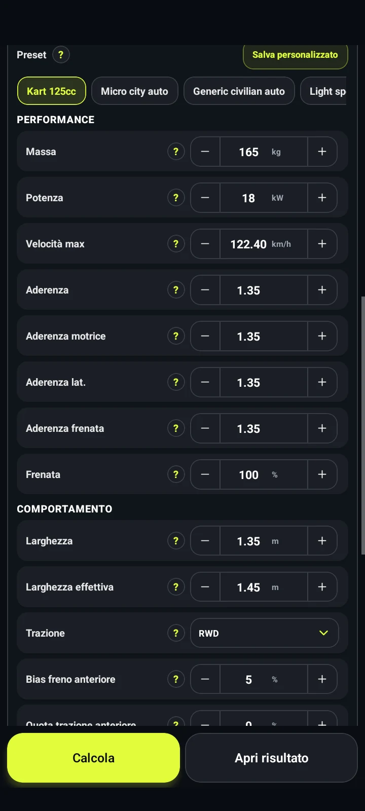 Parametri modello auto - RaceLineCalc