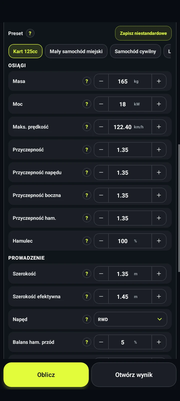 Parametry modelu samochodu - RaceLineCalc