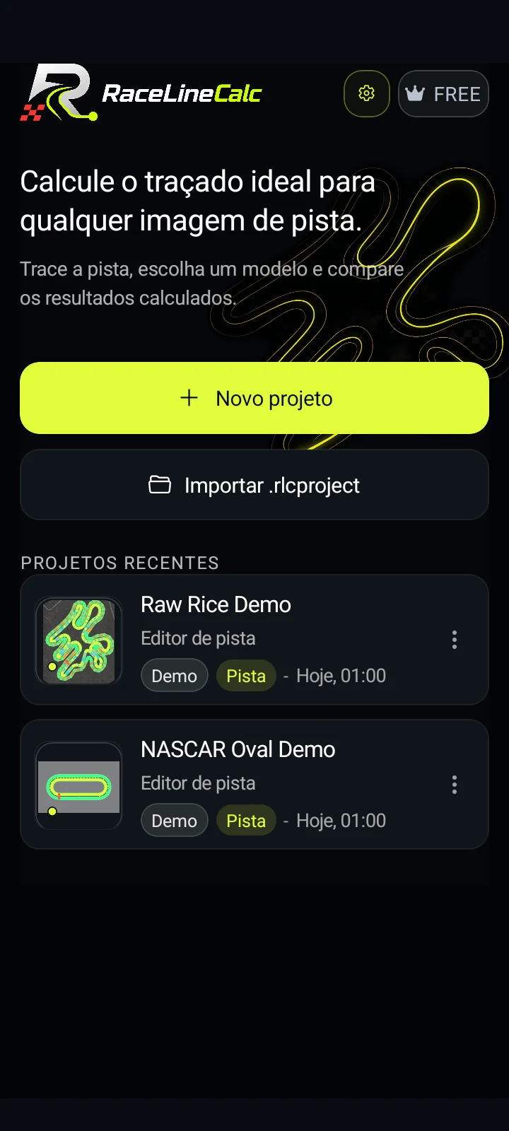 Tela inicial do app RaceLineCalc