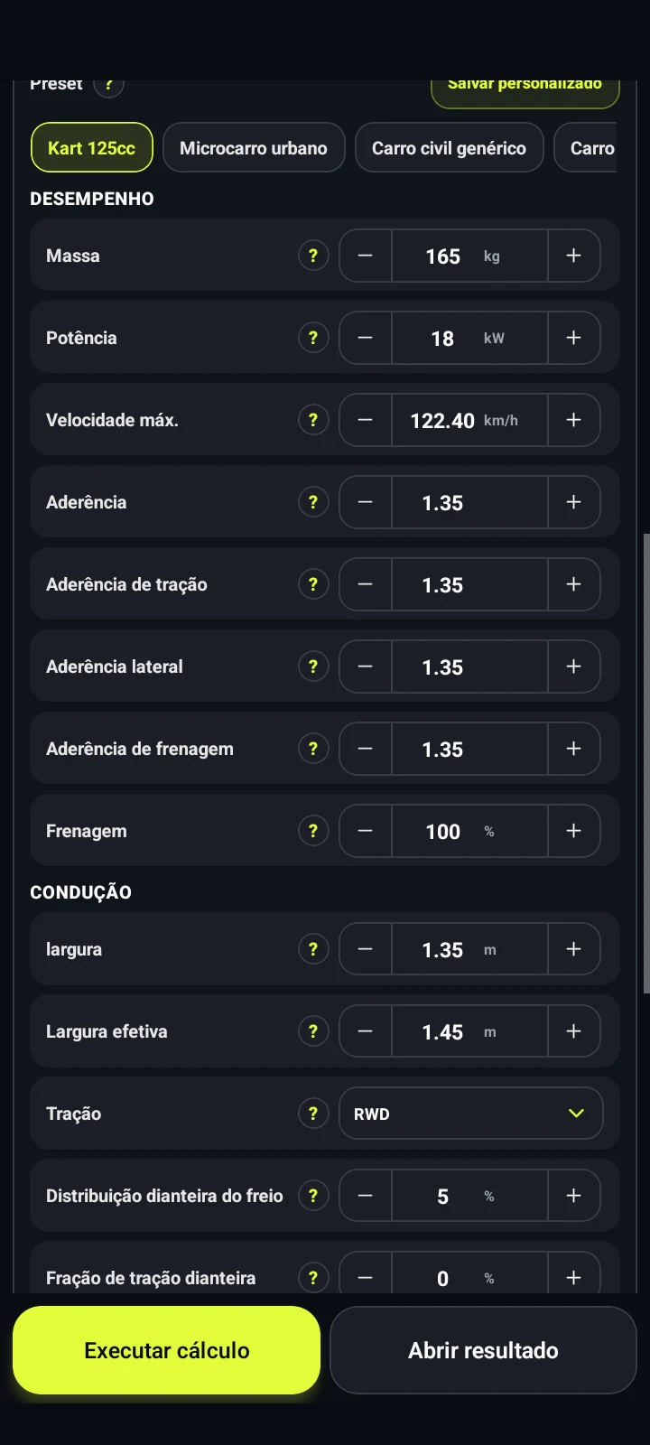 Parâmetros do modelo de carro - RaceLineCalc