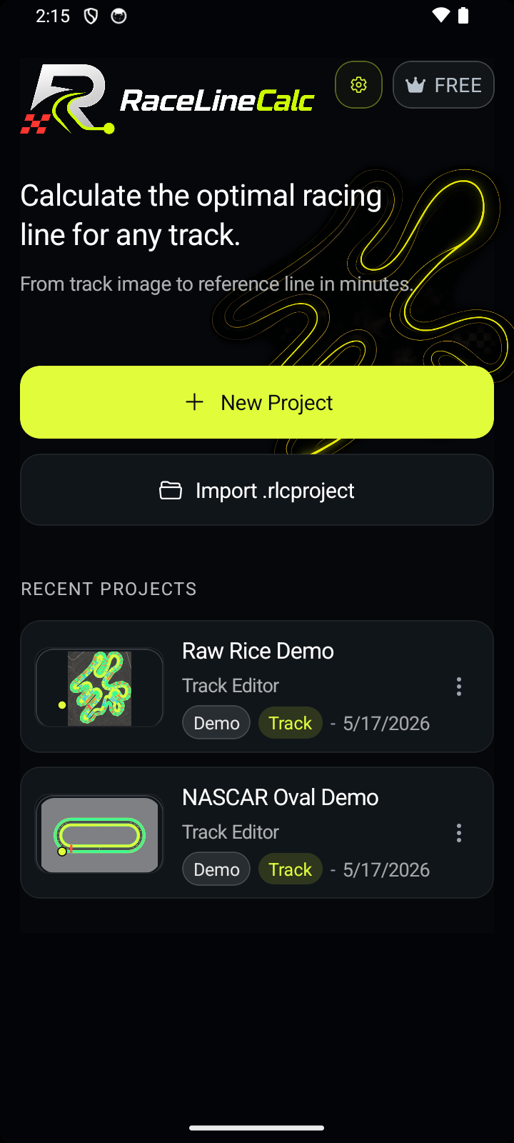 RaceLineCalc app home screen