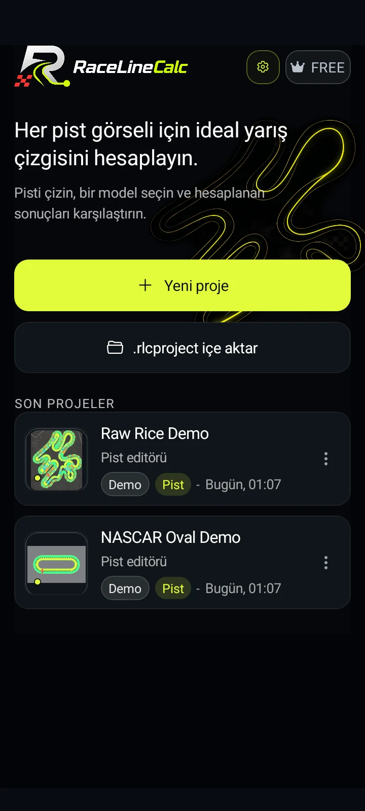 RaceLineCalc uygulama ana ekranı